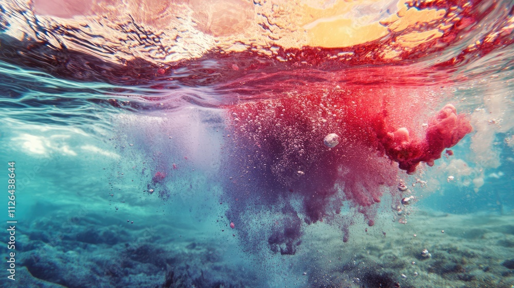 Poster red ink swirl in clear water creating vibrant underwater texture with bubbles and colorful abstract 