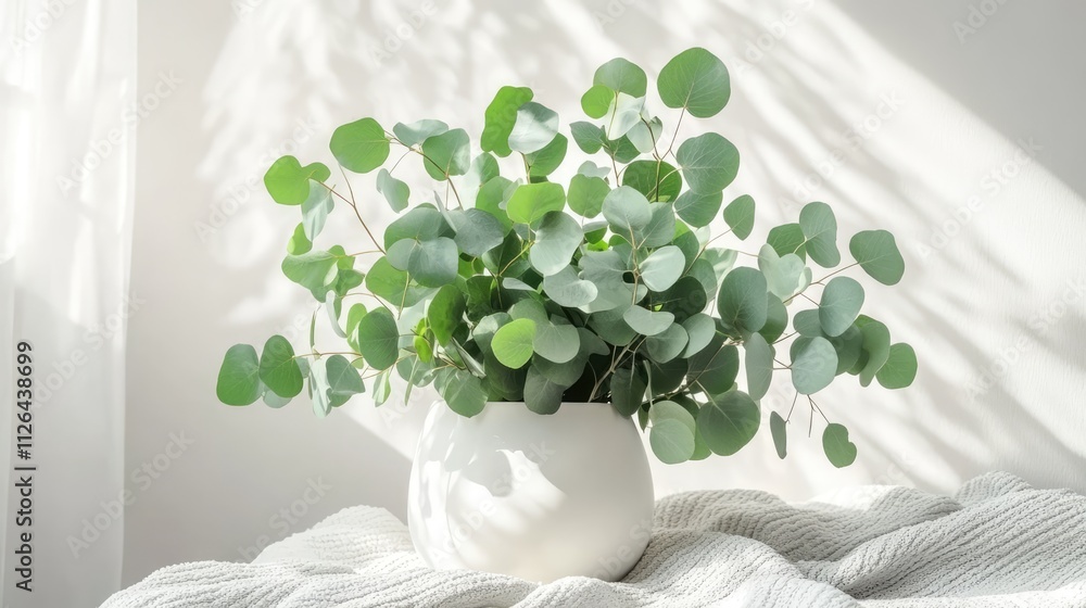 Poster eucalyptus branches in white vase on light background showcasing minimal scandinavian style ideal fo