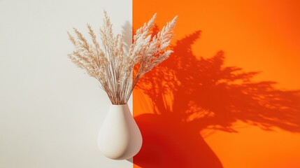 Minimalistic still life featuring a ceramic vase with dried flowers against a contrasting white and orange background showcasing tranquility and style