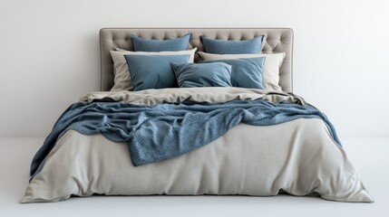 Elegant bedding arrangement with decorative pillows and soft throw on a stylish bed against a minimalist background