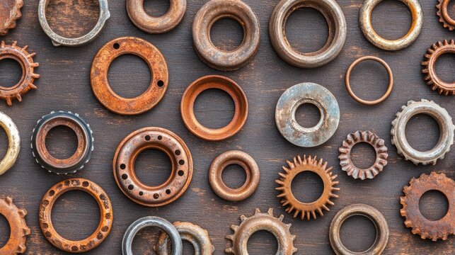 Rusty industrial scrap metal pieces arranged for recycling background showcasing various shapes and textures of recycled materials