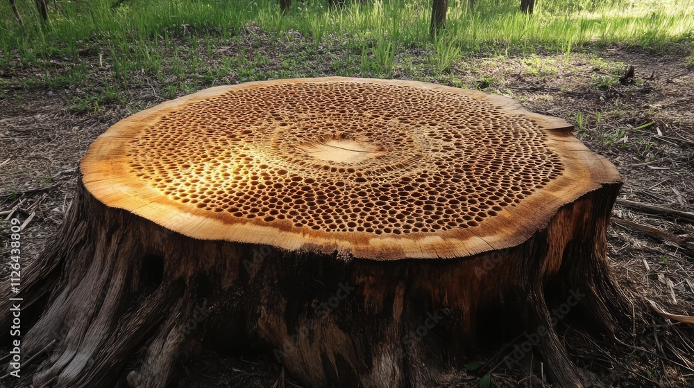 Poster unique natural wood pattern on a tree stump showcasing intricate designs and textures in a serene fo
