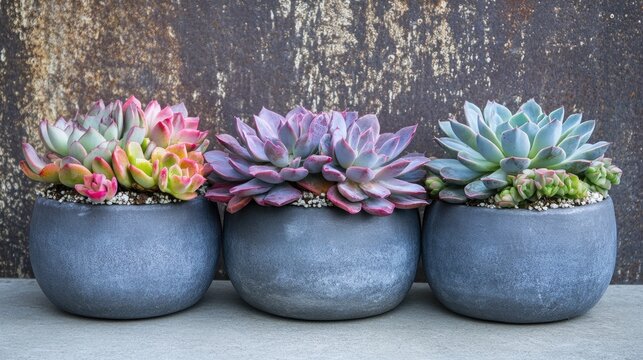 Succulent plants in modern gray pots arranged on a concrete table showcasing Echeveria and Pachyveria opalina varieties indoors.