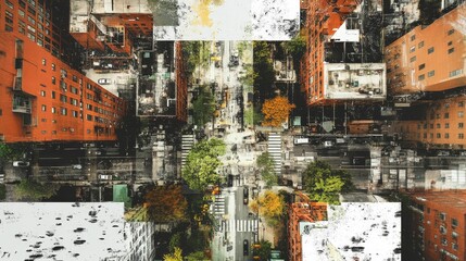Abstract city scene; buildings, street, trees, overlaid textures.
