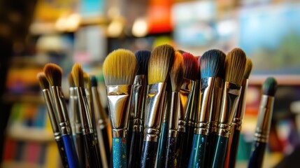 Variety of paint brushes and color samples displayed in an art supply store for creative projects and artistic inspiration.