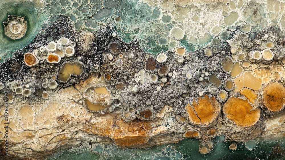 Aufkleber moldy log texture with vibrant colors and patterns showcasing natural decay in a garden setting