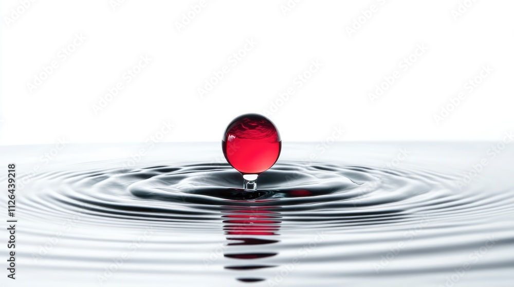 Aufkleber vibrant red dye drop creating ripples in clear water on a white background showcasing fluid dynamics