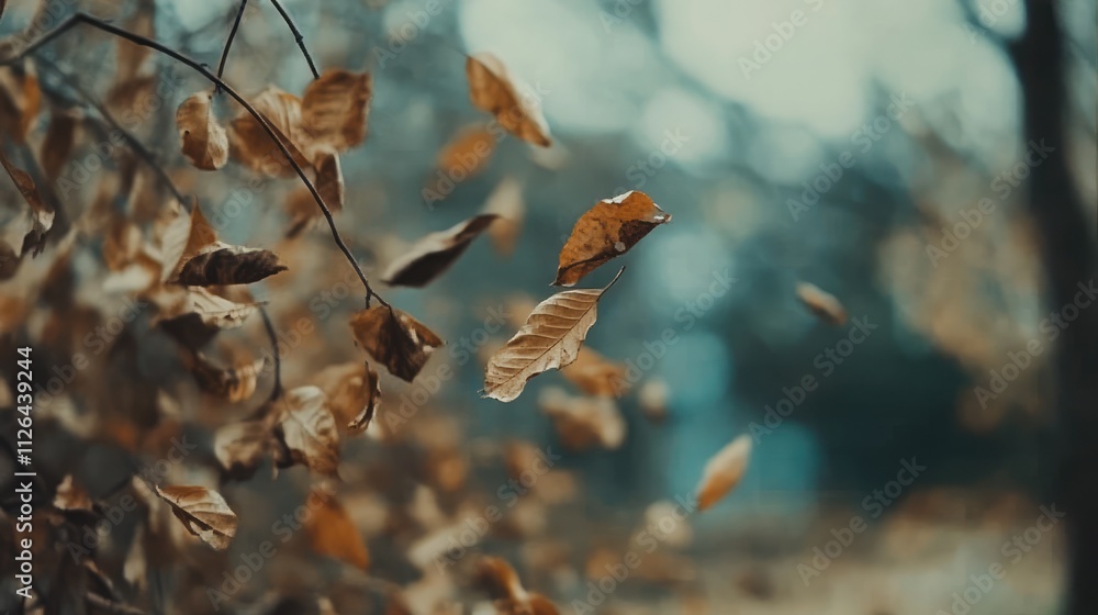Poster autumn leaves gently falling from branches creating a serene and tranquil natural scene in a blurred