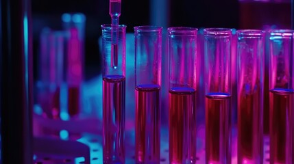Pharmaceutical research in modern laboratory with colorful test tubes and dropper showcasing scientific experiments and discoveries