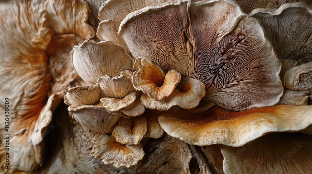Poster colorful close-up of various mushrooms showcasing intricate textures and natural patterns on a tree 