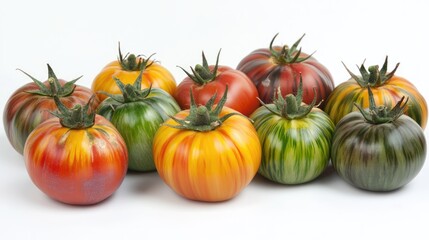 variety of heirloom tomatoes showcasing unique colors and patterns on a clean white background