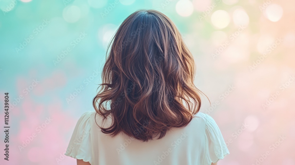 Poster serene woman observing a colorful sunset with soft bokeh background emphasizing tranquility and refl
