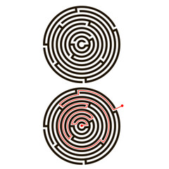 Education logic game labyrinth for kids. Find right way. Isolated simple circle maze black line on white background. With the solution. Vector illustration.