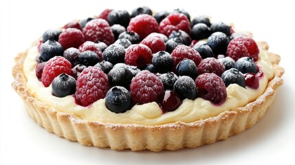Delicious berry pie with a golden crust, topped with fresh raspberries and blueberries, set against a clean white background, dessert, food photography, bakery item, sweet treat.