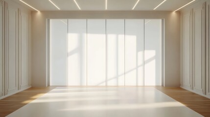 Modern minimalist bedroom featuring a spacious wardrobe with white and transparent doors illuminated by natural light in a new house interior.