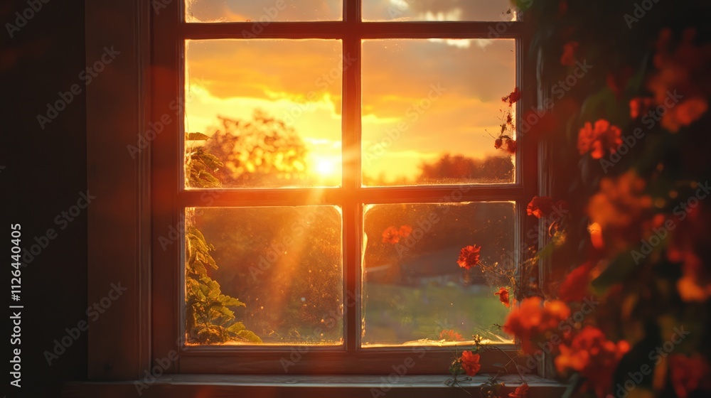 Poster sunset view from a home window with flowers framing the scene capturing warm hues of twilight and tr