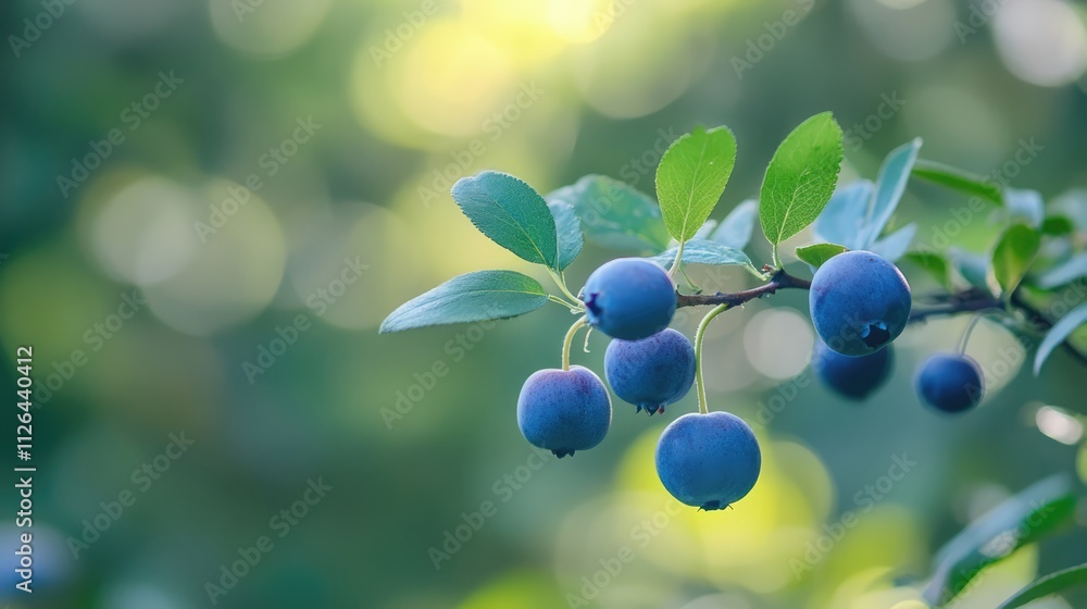 Poster blueberries on a branch with blurred natural summer background in shallow depth of field highlightin