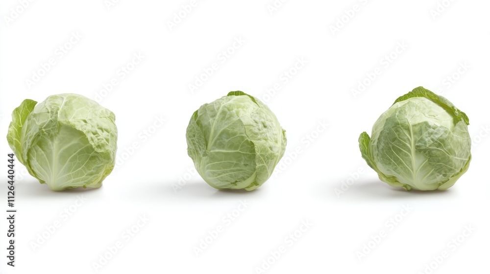 Poster savoy cabbages arranged in a row isolated on a white background showcasing their textured leaves and