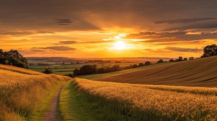 Fototapeta premium Golden Hour Countryside Sunset: A Serene Path Through Rolling Fields