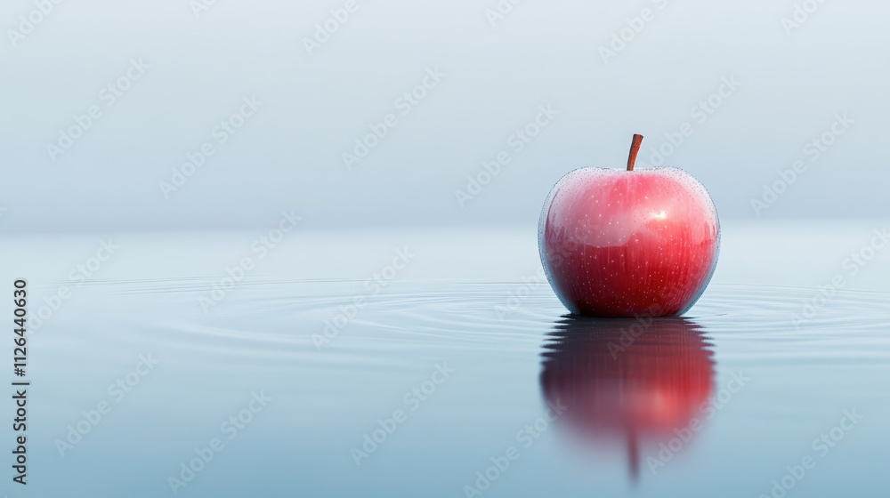 Aufkleber fresh red apple floating on calm water surface creating gentle ripples with soft reflections against
