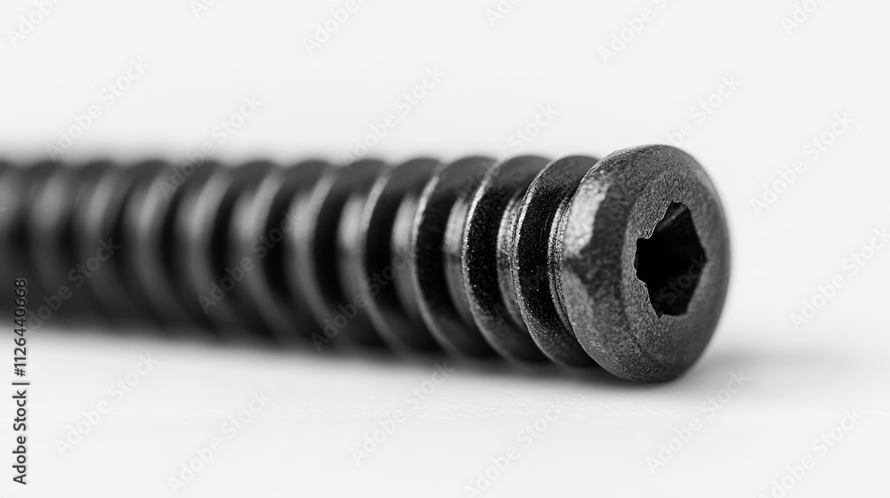 Poster macro shot of a black metal screw highlighting its threads and hexagonal socket on a clean white bac