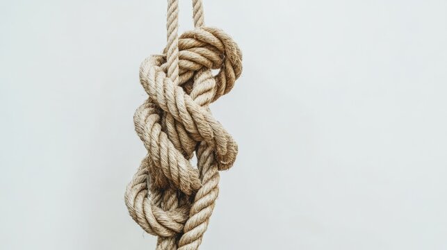 Rope knotted and hanging against a clean white background showcasing texture and detail for maritime or crafting themes.