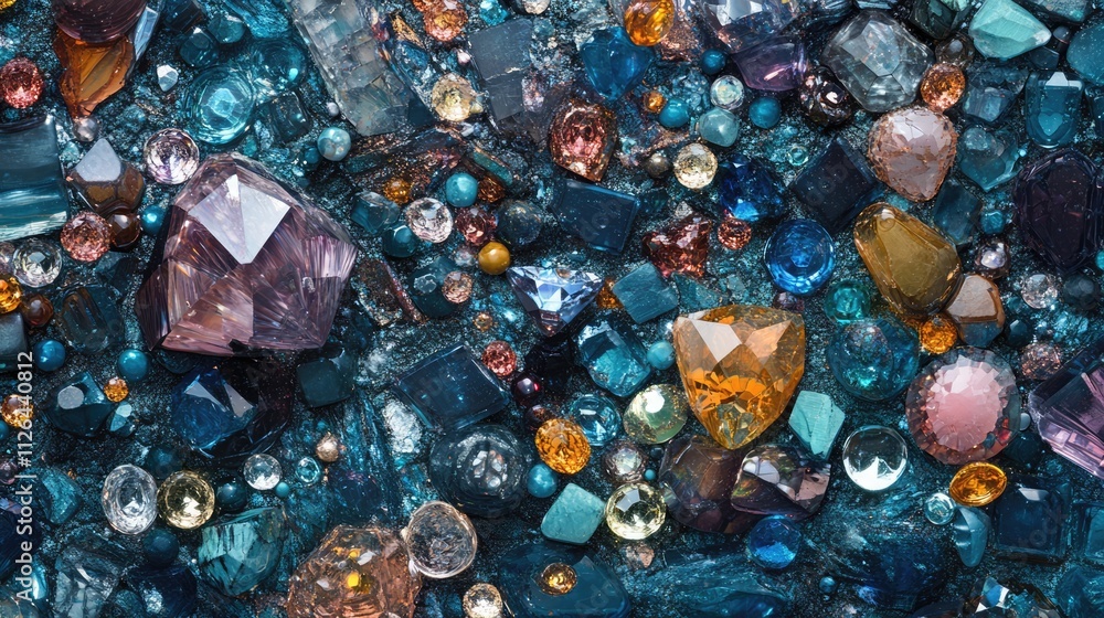 Poster colorful assortment of rhinestones and gemstones on textured background creating a vibrant sparkling
