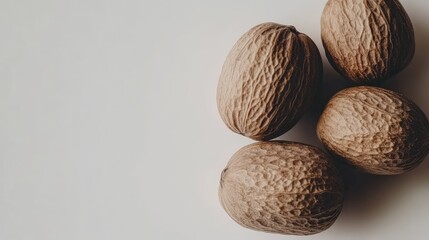 Dried nutmeg seeds arranged on a clean white background showcasing their textured shells and natural earthy tones.