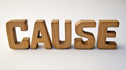 Wooden cubes spelling CAUSE on a clean white background showcasing natural textures and minimalistic design for educational or motivational themes