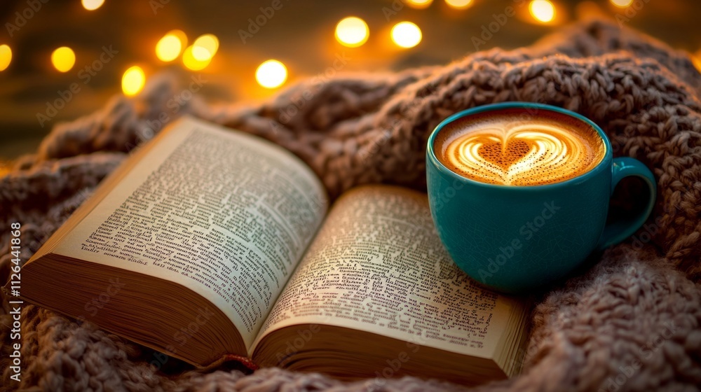 Leinwandbilder a steaming cup of freshly brewed coffee rests beside an open book, inviting relaxation and reflectio
