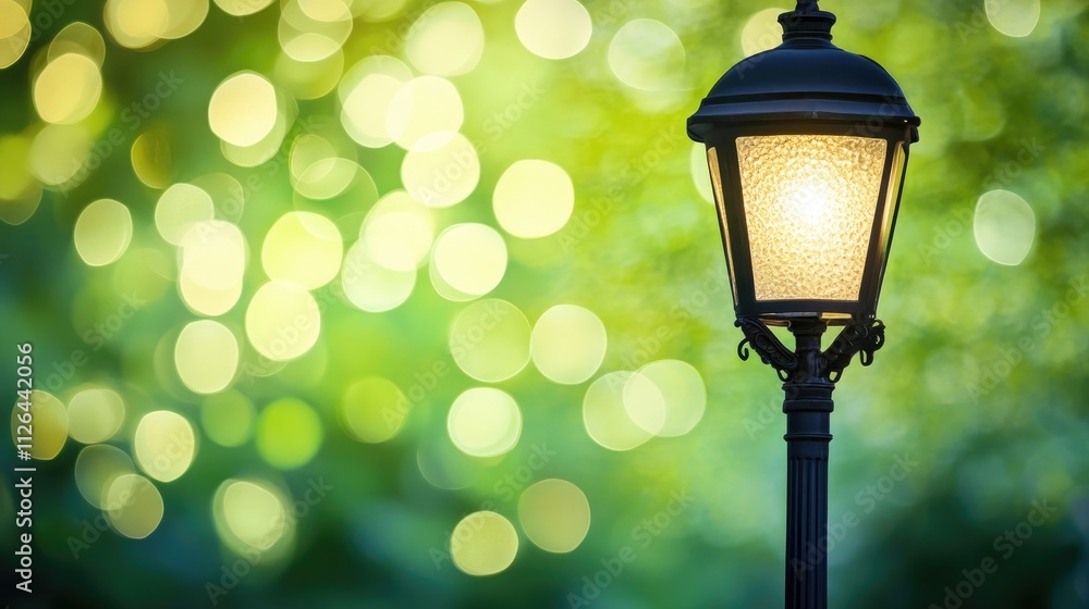 Aufkleber vintage street lamp illuminated against a soft green bokeh background creating a serene and enchanti