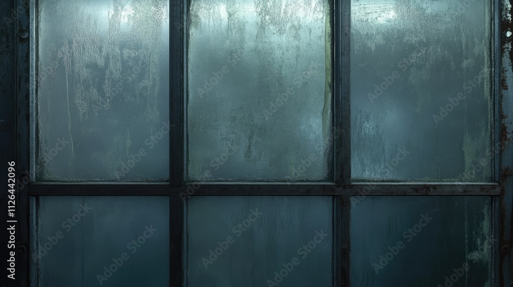 Poster frosted old window with a rustic wooden frame, featuring condensation and a blurred background effec
