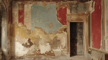 Naklejka premium Aged wall interior with peeling plaster showcasing decay and restoration challenges in historic refurbishment projects