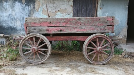 Obraz premium Vintage wooden cart in rustic farmyard with weathered wheels and charming farmhouse backdrop. Ideal for agricultural or heritage themes.