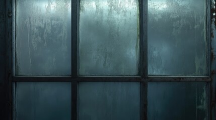 Frosted old window with a rustic wooden frame, featuring condensation and a blurred background effect, ideal for atmospheric and vintage themes, texture, nostalgia, architectural detail.