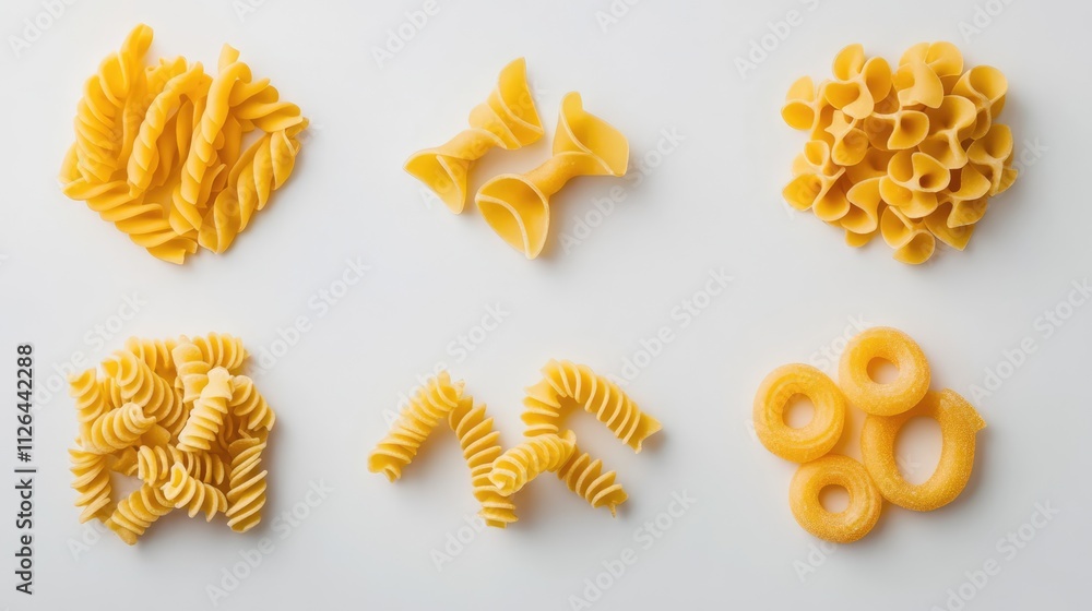 Poster assorted types of raw italian pasta displayed on a white background showcasing different shapes and 