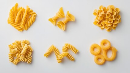 Assorted types of raw Italian pasta displayed on a white background showcasing different shapes and textures for culinary inspiration