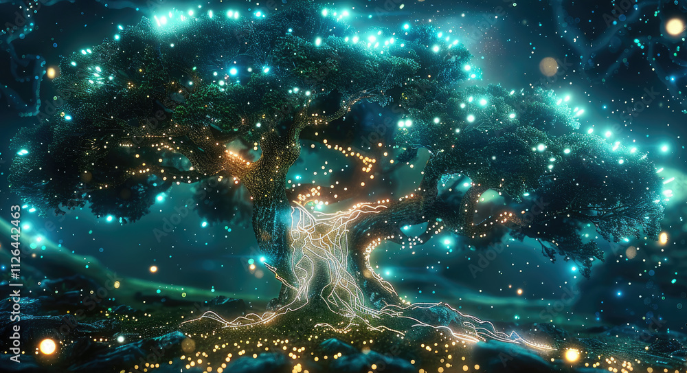 Poster A futuristic tree with glowing neon circuit board branches, blending organic elements like leaves and vines with high-tech components such as glowing wires, LED lights, and metallic surfaces.