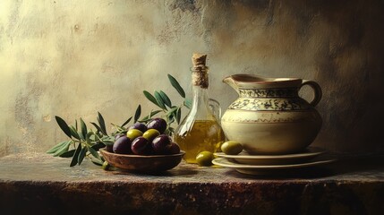 "Rustic still life with a bottle of olive oil, fresh green and purple olives in a wooden bowl, and ceramic pitcher on an aged table, culinary, Mediterranean, vintage, organic."