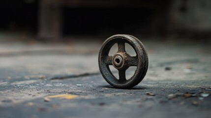 Rustic vintage black toy wheel resting on a textured gray surface showcasing wear and nostalgia in an artistic composition.