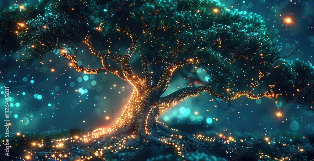 Poster a futuristic tree with glowing neon circuit board branches, blending organic elements like leaves an