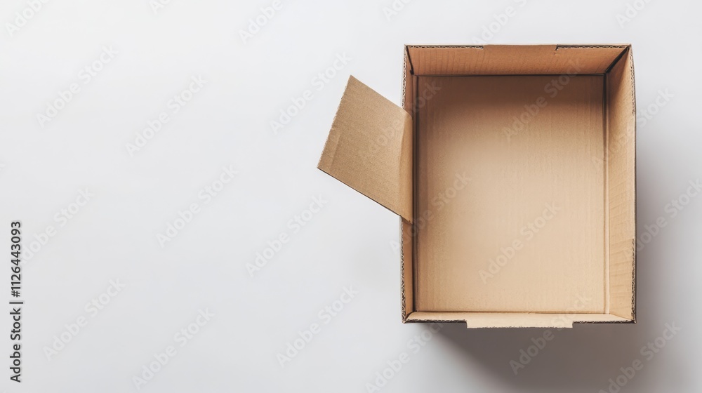 Poster empty corrugated cardboard box with an open flap positioned on a clean white background, ideal for p