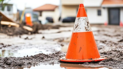Construction site with an orange traffic cone as a warning sign, placed on muddy ground with puddles, indicating ongoing work, safety, caution, urban environment, infrastructure.