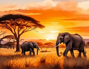 Fototapeta premium African savanna landscape with watercolor elephants and acacia trees at sunset