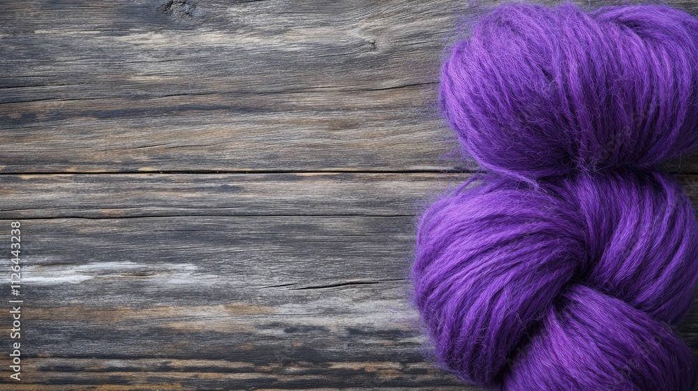 Aufkleber purple wool skein on rustic weathered wood table creating a cozy and artistic background for textile