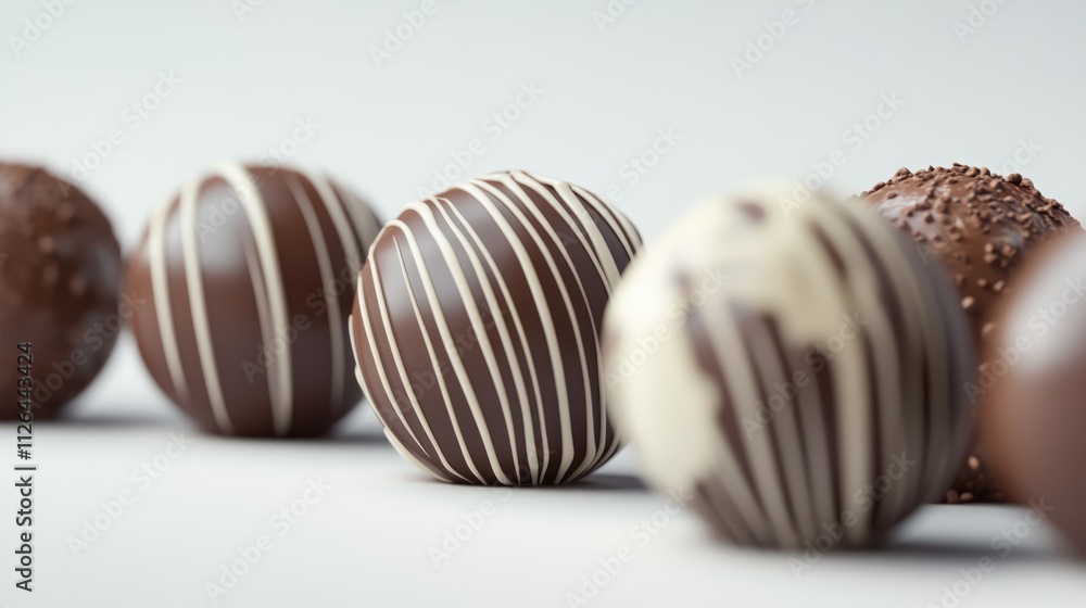 Poster assorted gourmet chocolate truffles arranged in a line with elegant drizzles and toppings on a light