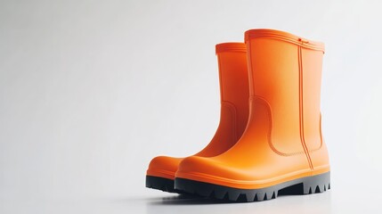 Bright orange rubber boots with a textured black sole positioned on a clean white background, ideal for fashion, footwear, retail, product display.