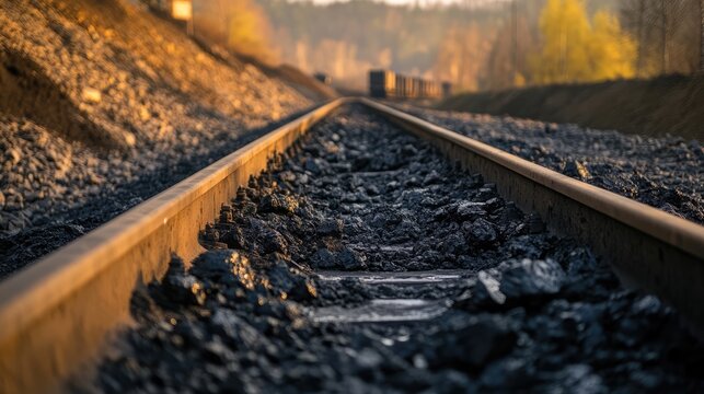 Detailed view of black ore and gravel along railway tracks, leading to a lead and zinc mine, illuminated by warm sunlight, industrial landscape, mining, transport, minerals.