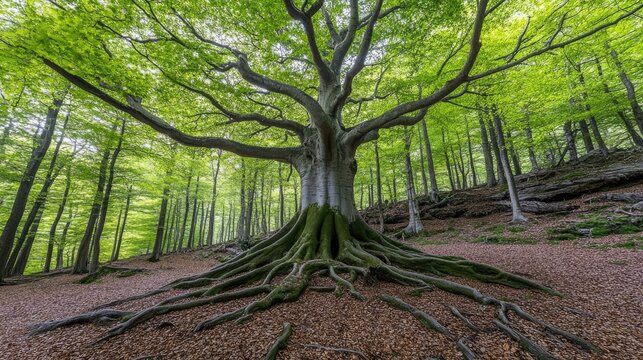 Majestic beech tree with expansive roots in lush green forest, surrounded by sunlight filtering through leaves, nature, tranquility, biodiversity, outdoor scenery, natural habitat.