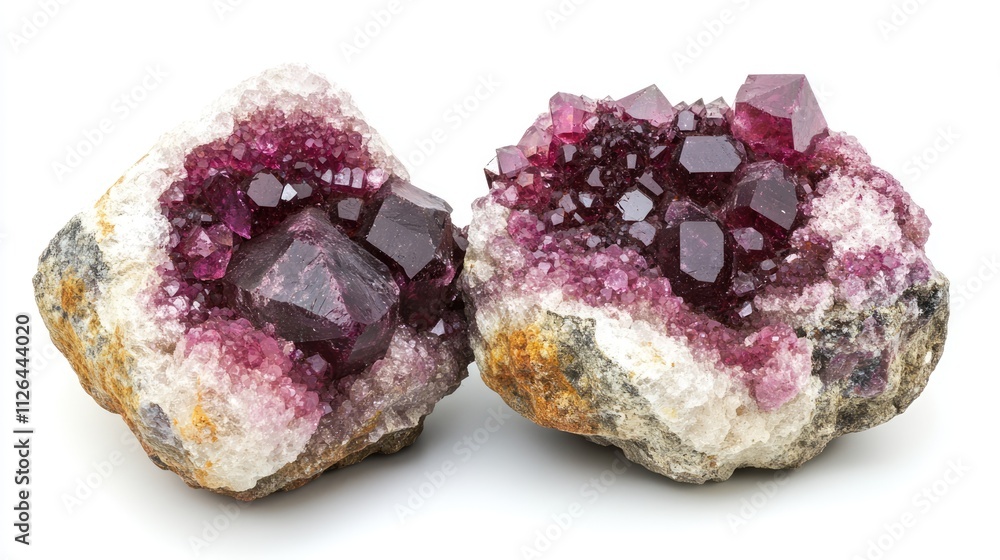 Poster large deep red ruby crystals embedded in mineral matrix showcasing intricate details against a clean